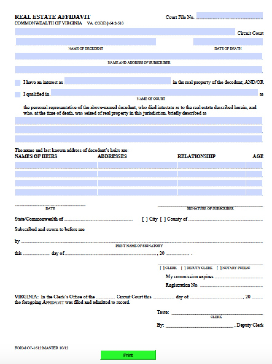 Free Virginia Affidavit Of Heirship Real Estate Form PDF Word