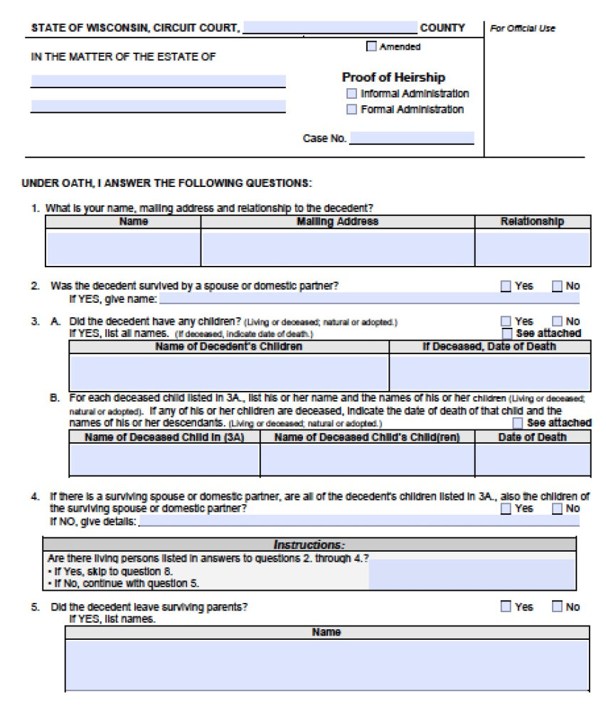 Free Wisconsin Small Estate Affidavit Form PDF Word