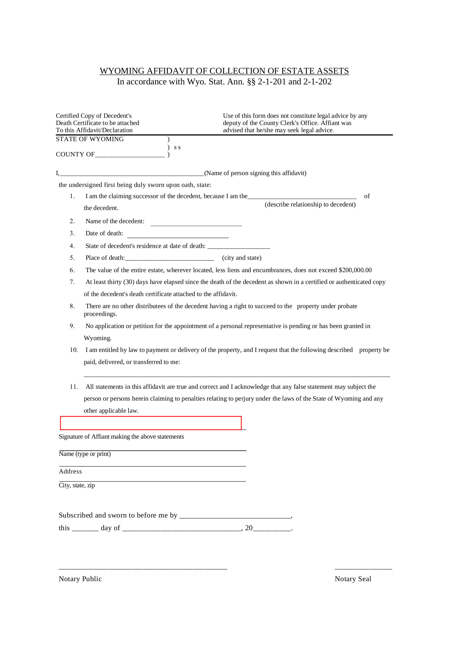 Free Wyoming Small Estate Affidavit Affidavit Of Collection Of Estate