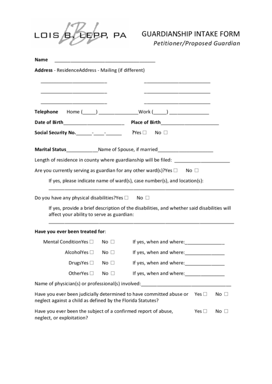 Guardianship Intake Form Petitioner proposed Guardian Printable Pdf 