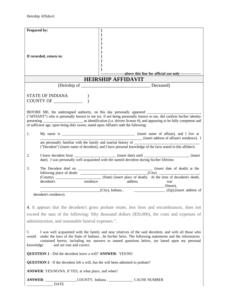 Heirship Affidavit Descent Indiana Doc Template PdfFiller