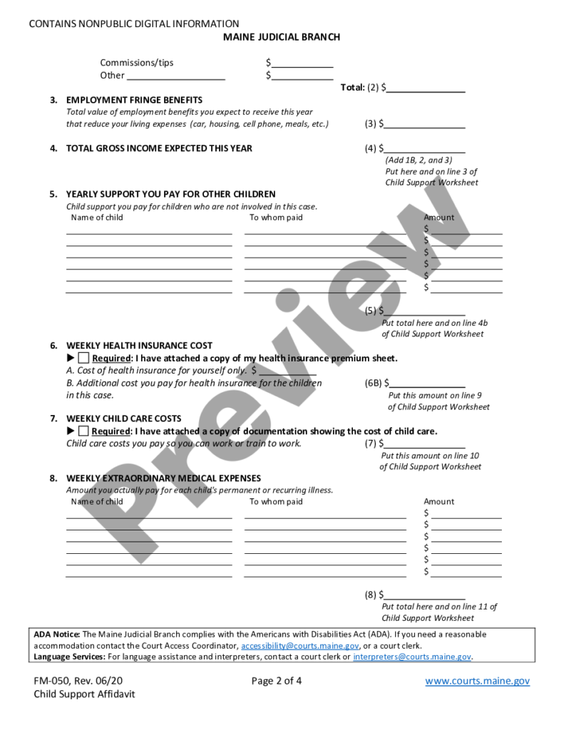 Maine Child Support Affidavit Child Support Affidavit Maine US 