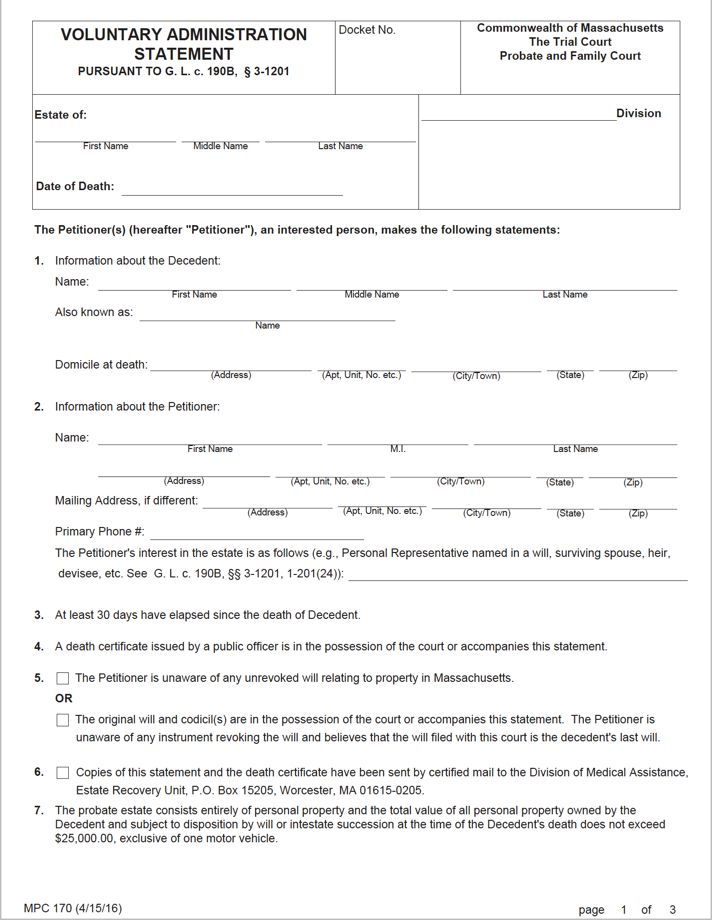 Massachusetts Small Estate Affidavit Form MPC 170 Massachusetts 