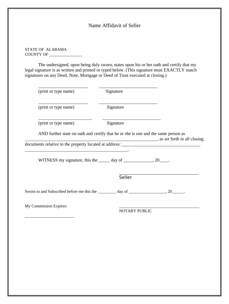 Name Affidavit Of Seller Alabama Doc Template PdfFiller
