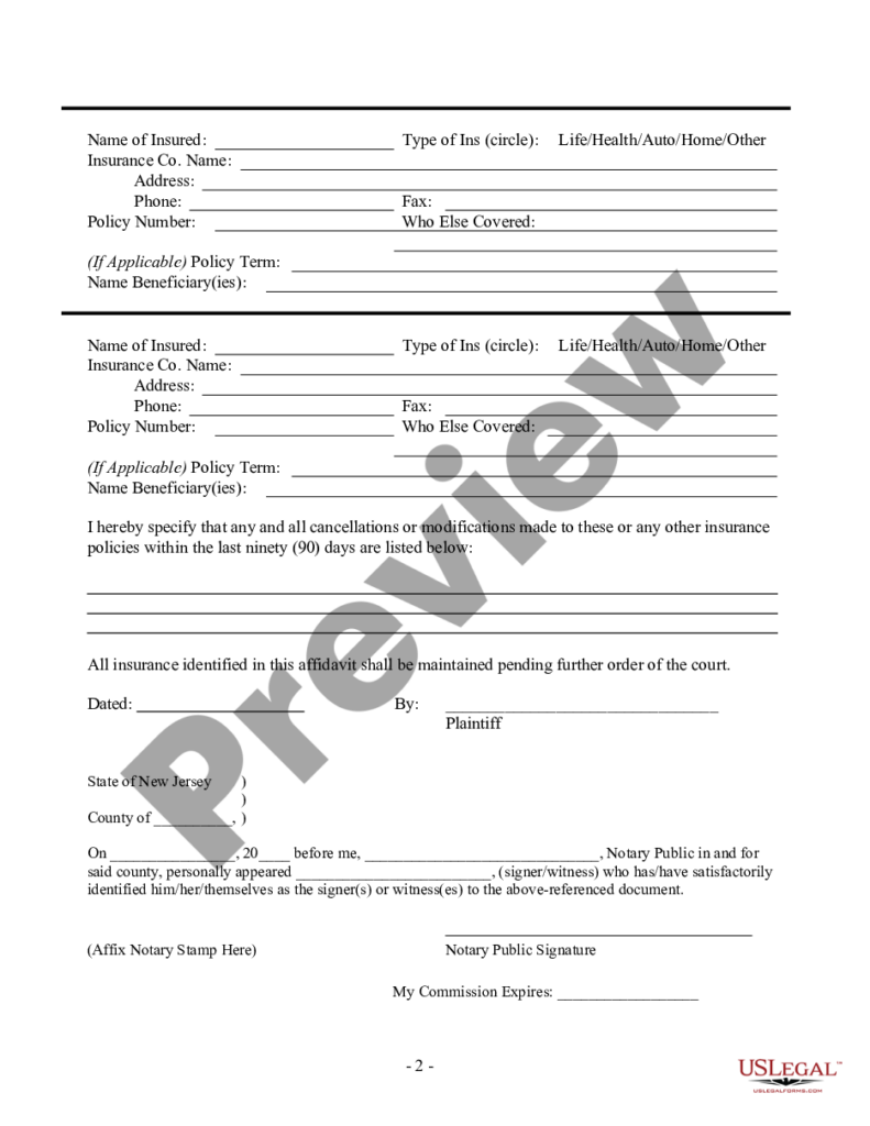 New Jersey Affidavit Of Insurance Coverage Affidavit Of Insurance 