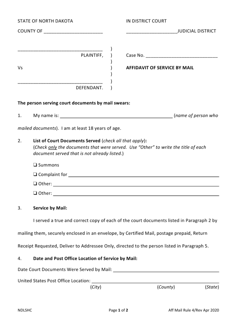 North Dakota Affidavit Of Service By Mail Download Fillable PDF 
