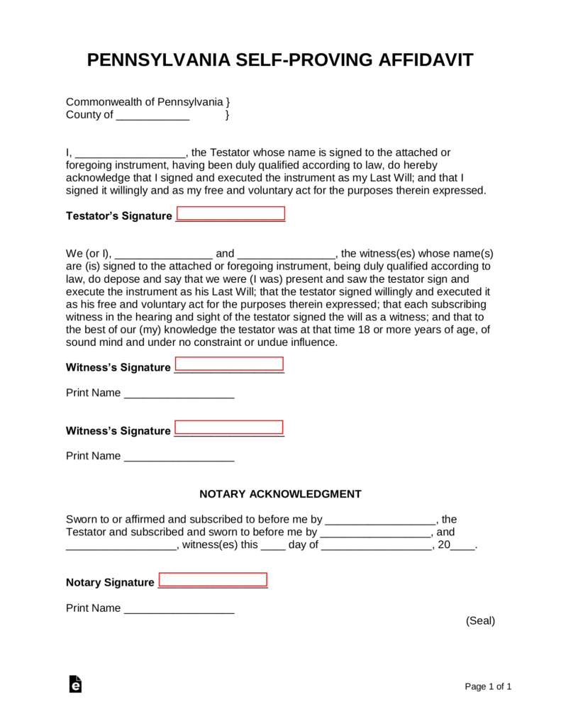 Pennsylvania Self Proving Affidavit Form EForms