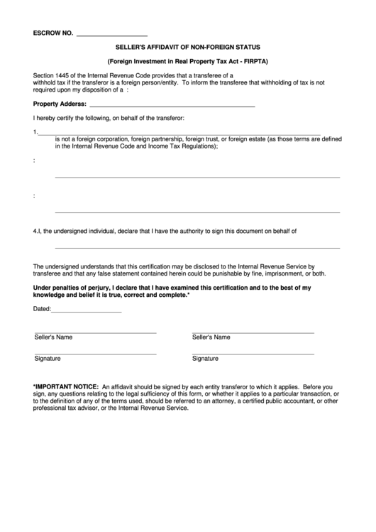 Seller S Affidavit Of Non Foreign Status Foreign Investment In Real 