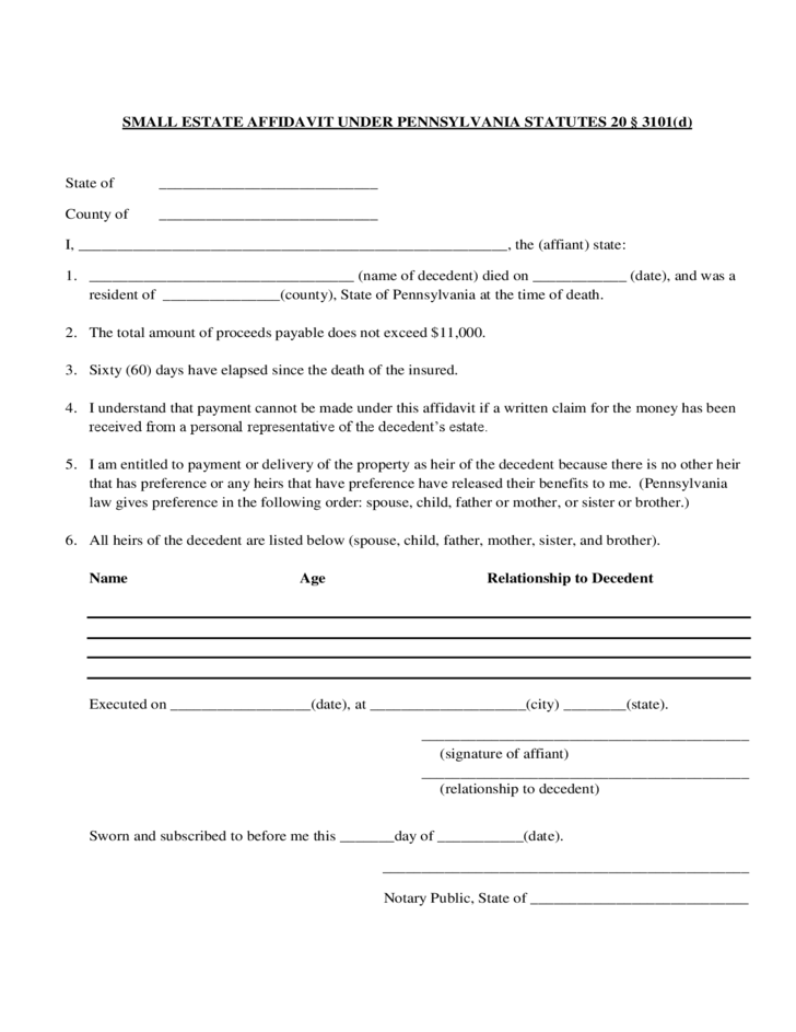 Small Estate Affidavit Under Pennsylvania Statutes Free Download
