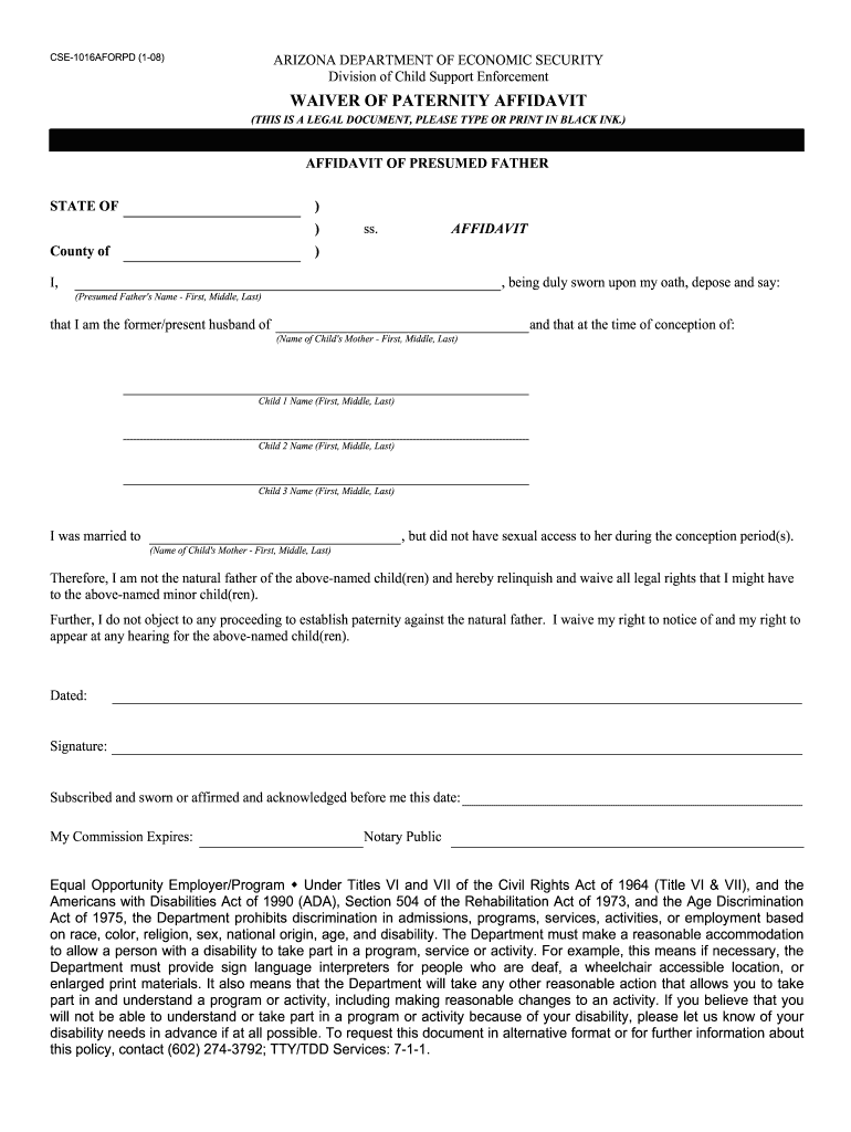 Waiver Of Paternity Affidavit Arizona Fill Online Printable 