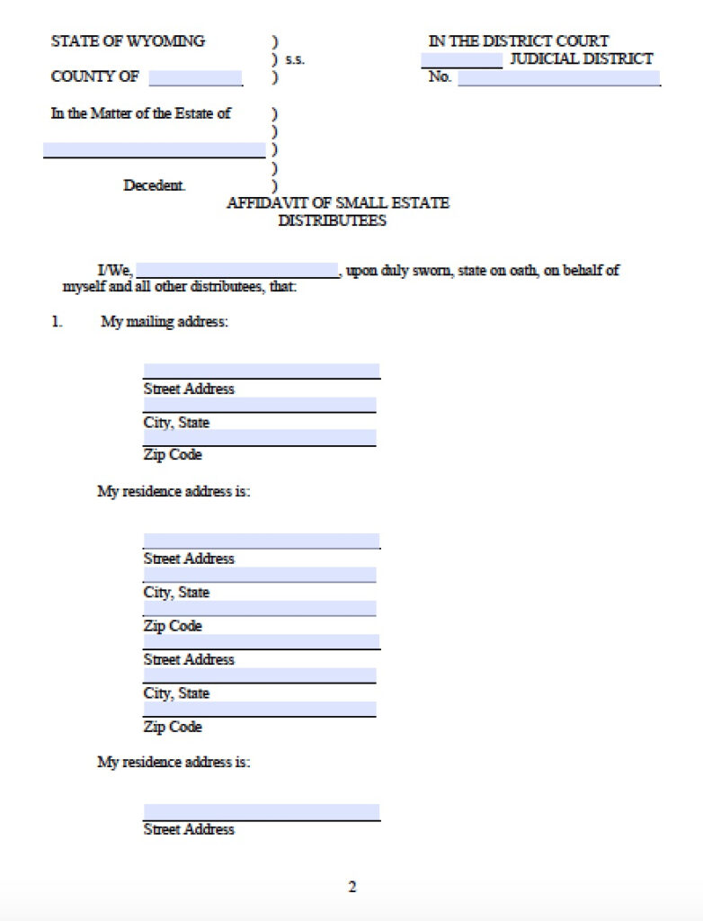 Wyoming Small Estate Affidavit Affidavit Forms