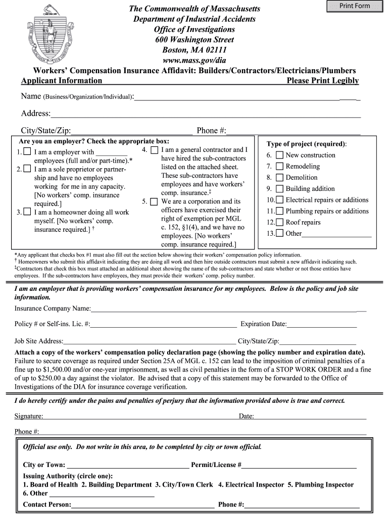 2007 Form MA Worker s Compensation Insurance Affidavit Fill Online 