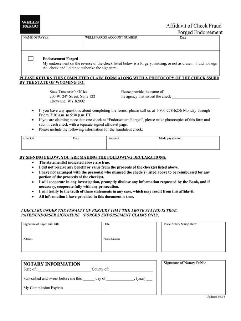 2016 2020 Form Wells Fargo Affidavit Of Check Fraud Forged Endorsement 