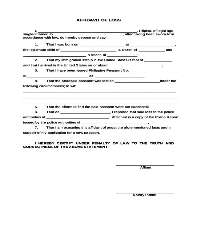 2021 Affidavit Of Loss Fillable Printable PDF Forms Handypdf