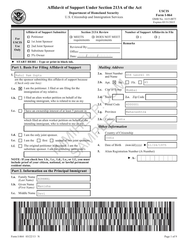 Affidavit Of Support Under Section 213A Of The Act