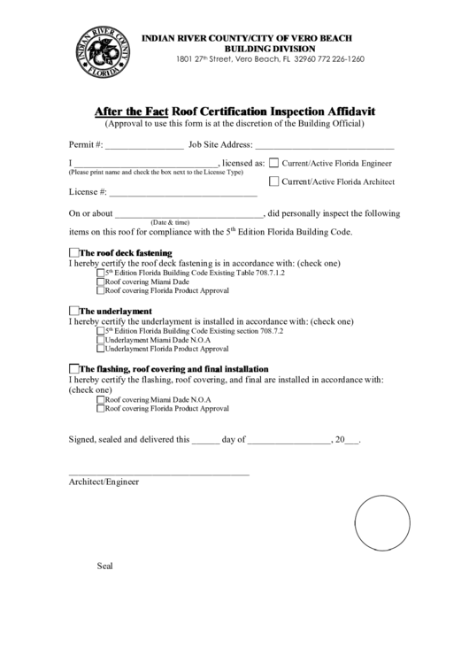 After The Fact Roof Certification Inspection Affidavit Form Indian