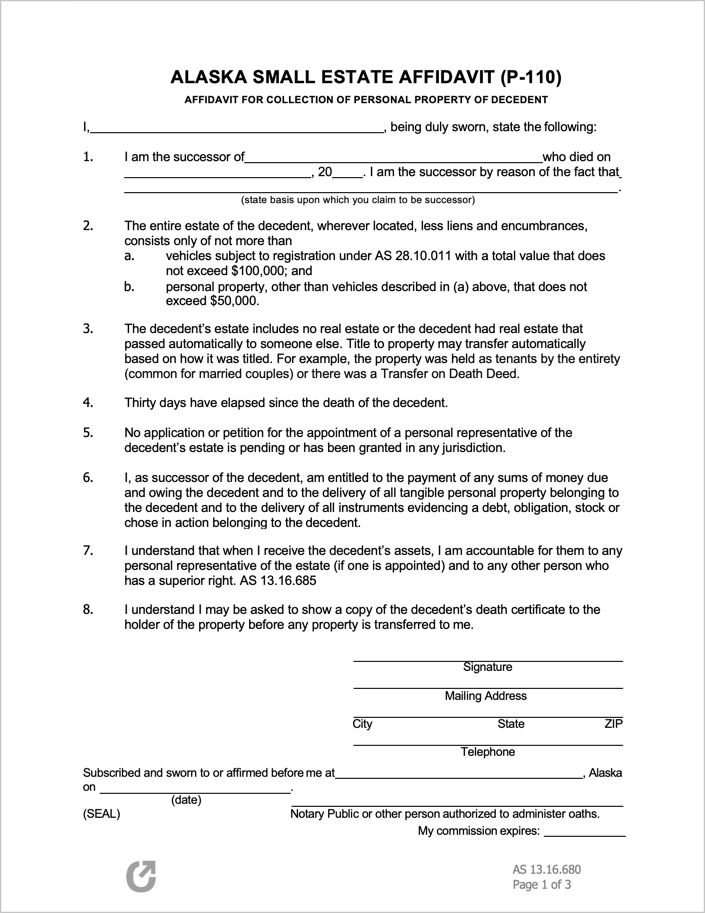 Alaska Small Estate Affidavit Form P 110 Estates Alaska Personal 