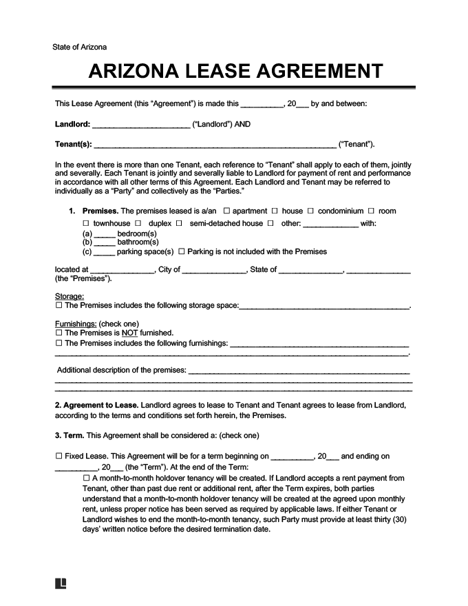 Arizona Residential Lease Rental Agreement Form Template Free PDF