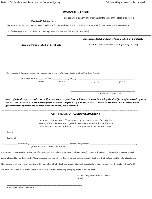 California Sworn Statement Template Download Fillable PDF Templateroller