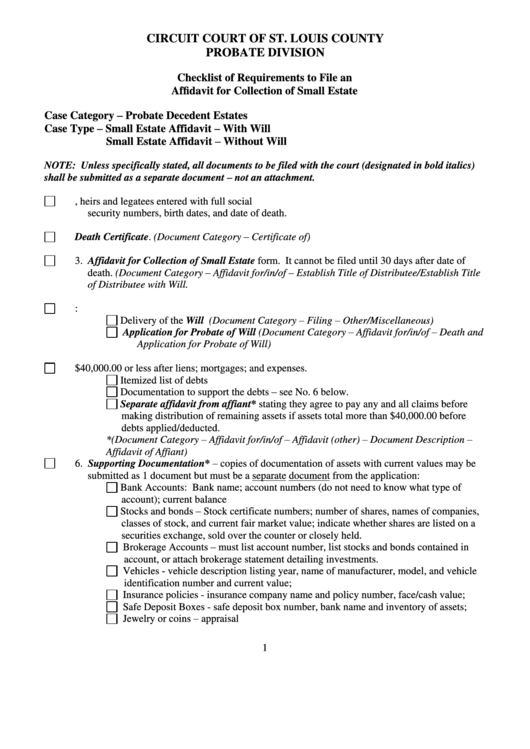 Checklist Of Requirements To File An Affidavit For Collection Of Small