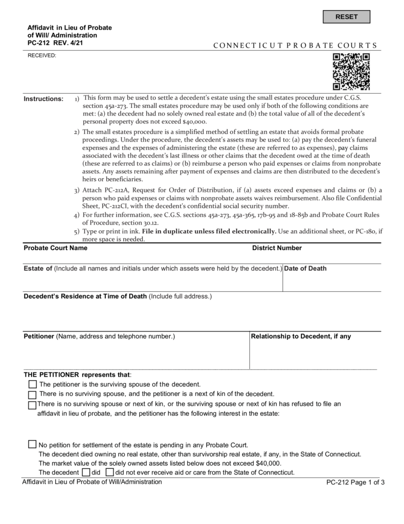 Connecticut Small Estate Affidavit Form PC 212 EForms