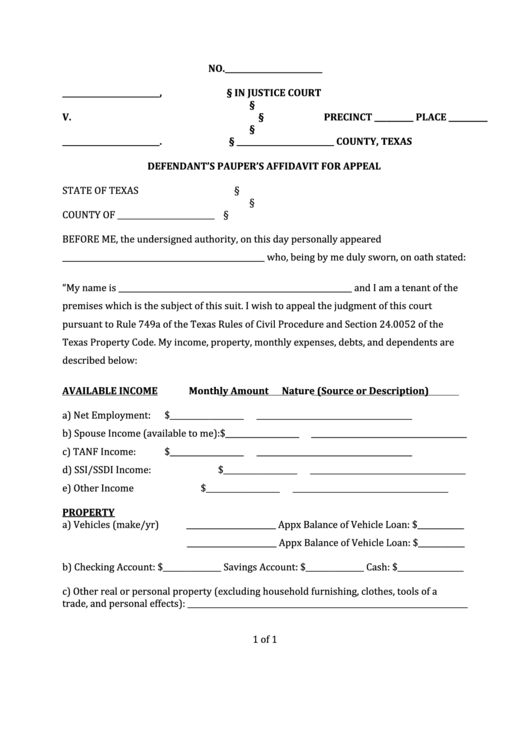 Defendant S Pauper S Affidavit For Appeal Form Texas Printable Pdf 