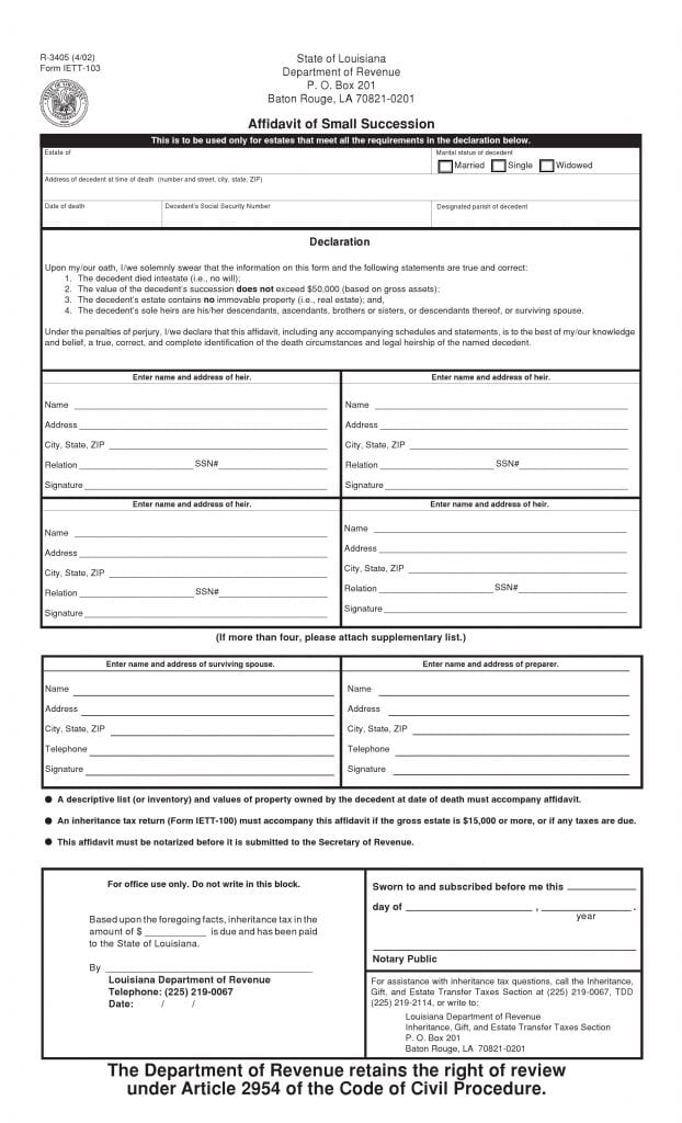 Download Free Louisiana Small Estate Affidavit Form Form Download