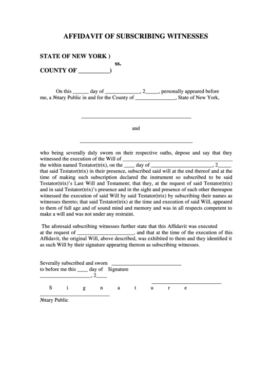 Fillable Affidavit Of Subscribing Witnesses Printable Pdf Download