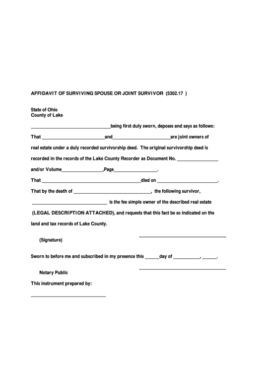 Fillable Affidavit Of Surviving Spouse Or Joint Survivor 5302 17 O r c 