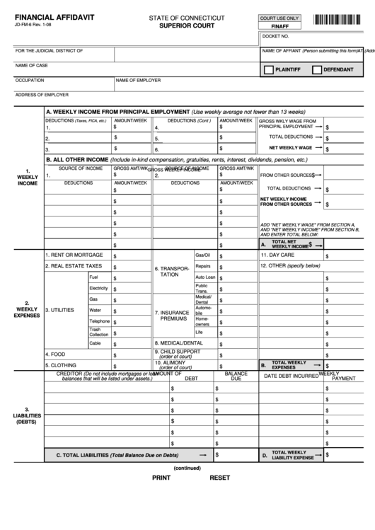 Fillable Financial Affidavit State Of Connecticut Superior Court