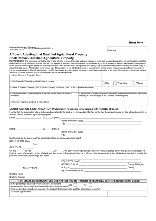 Fillable Form 3676 Affidavit Attesting That Qualified Agricultural 