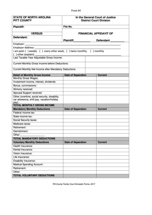 Fillable Form 4 Financial Affidavit Pitt County General Court Of