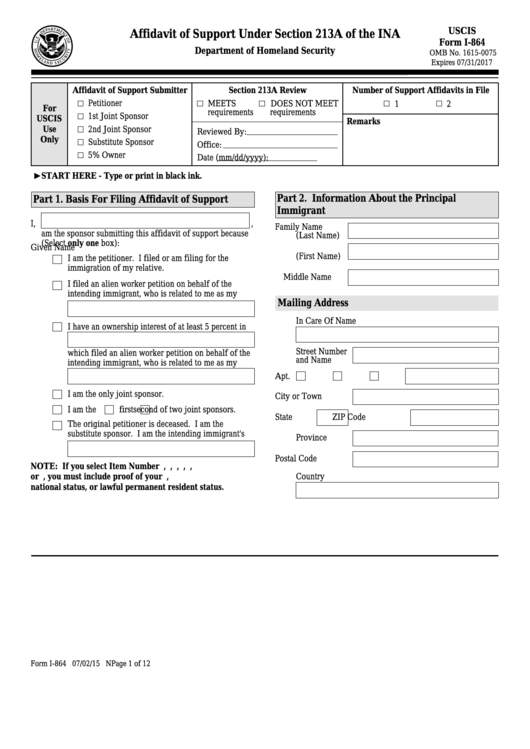 Fillable Form I 864 Affidavit Of Support Under Section 213a Of The