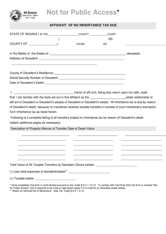Fillable Form Ih Exem Affidavit Of No Inheritance Tax Due Printable 
