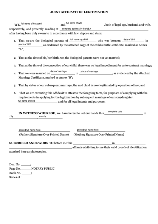 Fillable Joint Affidavit Of Legitimation Template Printable Pdf Download