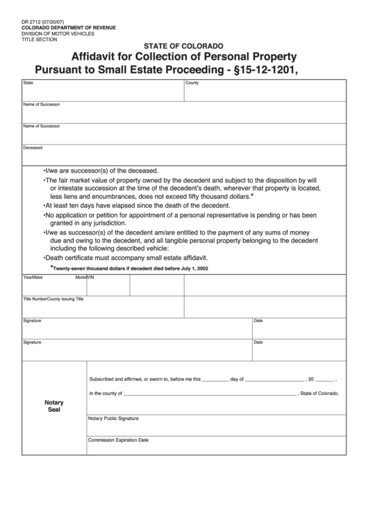 Fillable State Of Colorado Affidavit For Collection Of Personal 