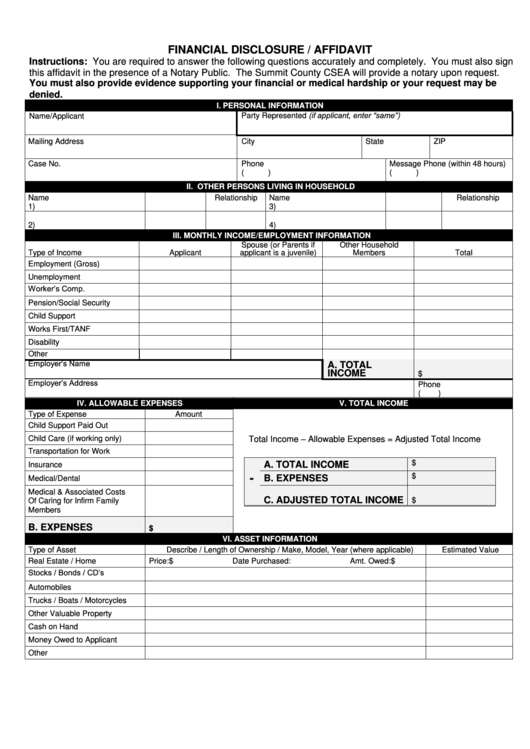 Financial Disclosure Affidavit County Of Summit Printable Pdf Download