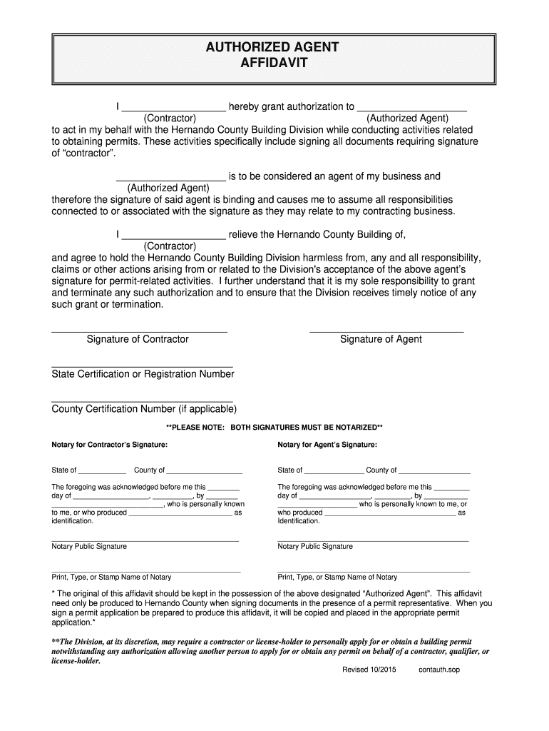 FL Authorized Agent Affidavit Hernando County 2015 2021 Complete 
