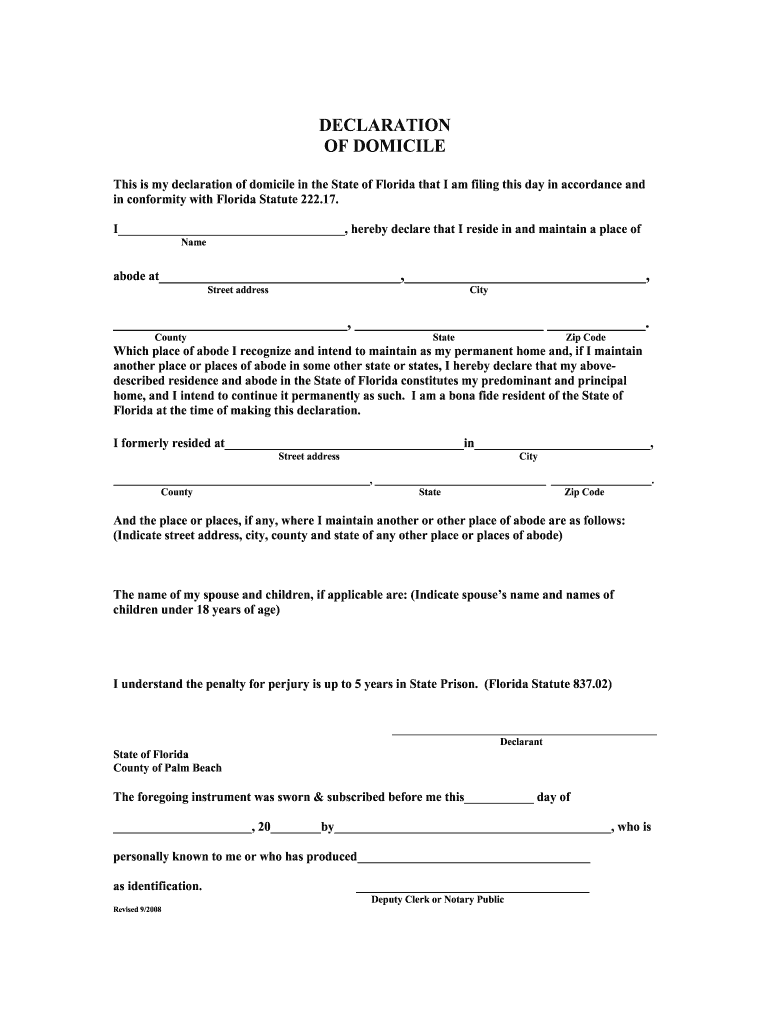 FL Declaration Of Domicile Palm Beach County 2008 2021 Complete 