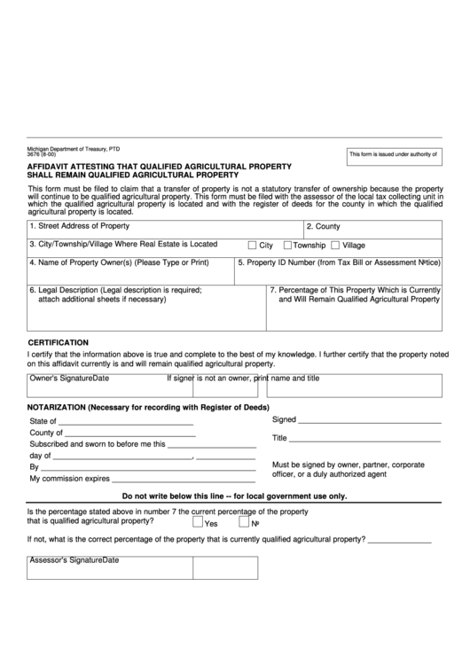 Form 3676 Affidavit Attesting That Qualified Agricultural Property