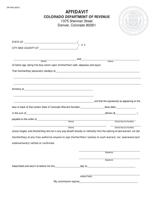 Form Dr 6795 Affidavit Colorado Department Of Revenue Printable Pdf 