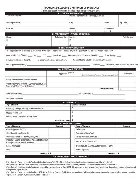 Form Opd 206r Financial Disclosure Affidavit Of Indigency Printable