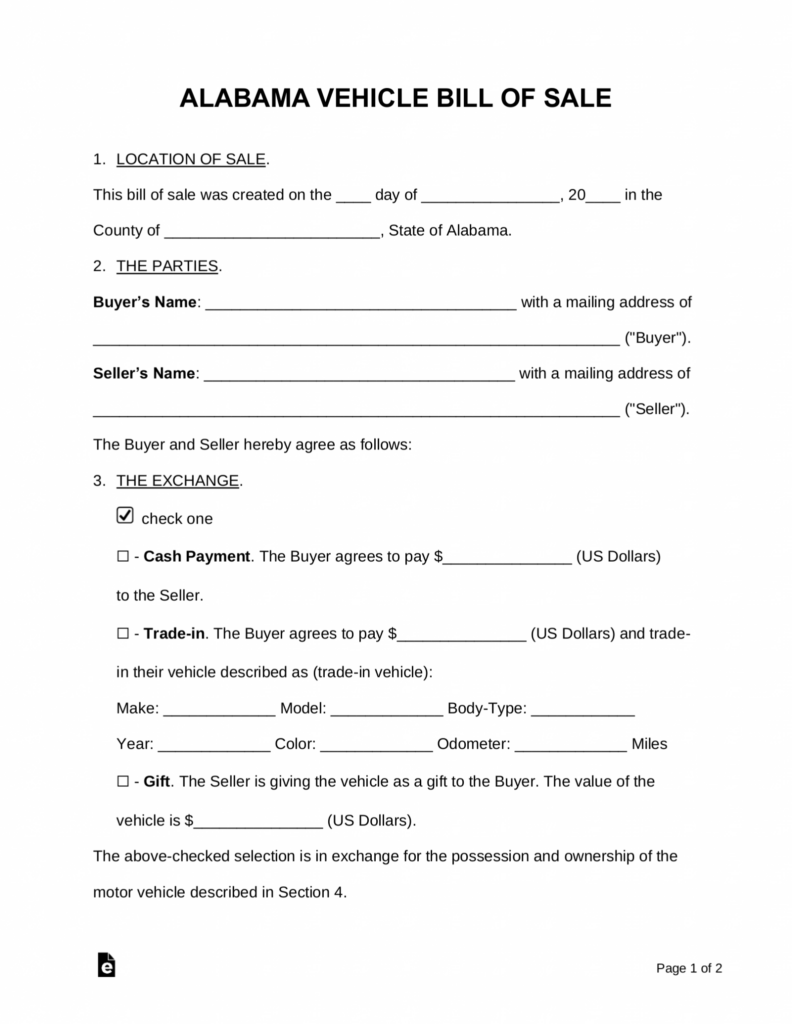 Free Alabama Motor Vehicle Bill Of Sale Form Word PDF EForms