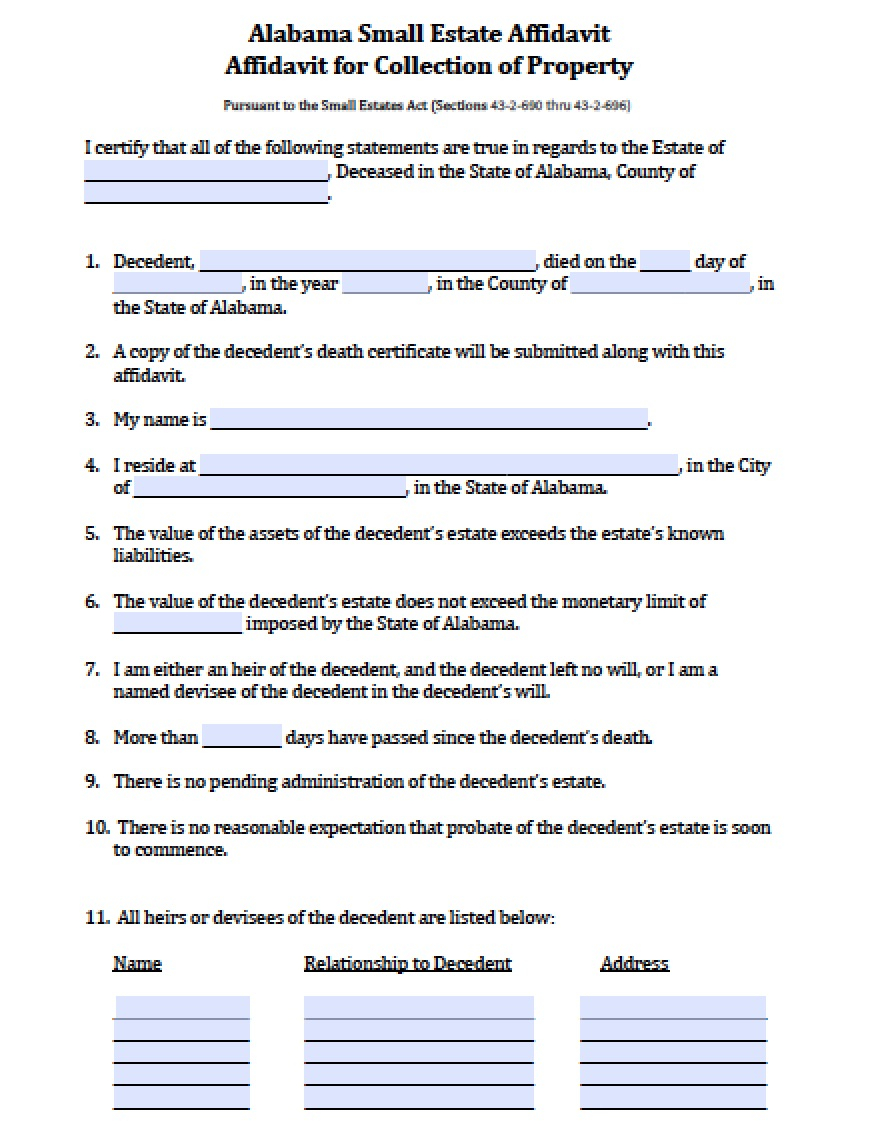 Small Estate Affidavit Alabama Form 2023