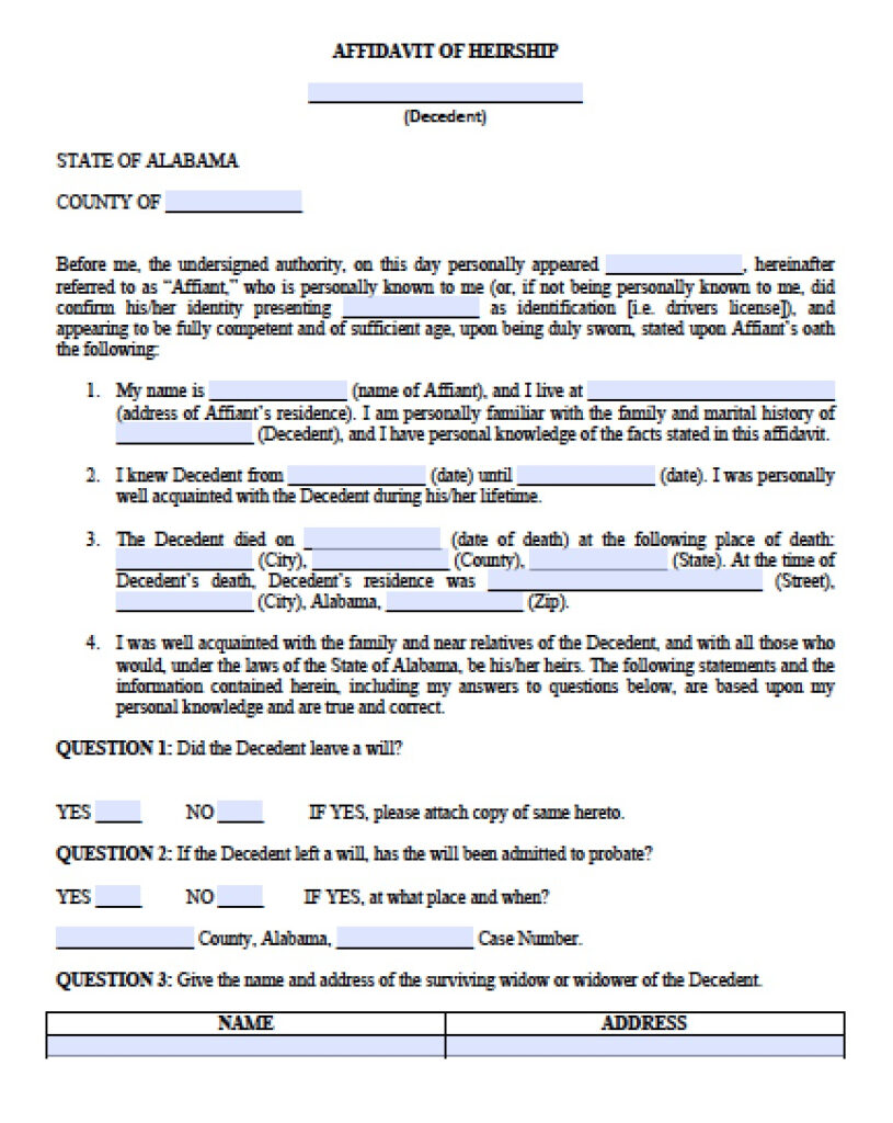 Free Alabama Small Estate Affidavit Form PDF Word