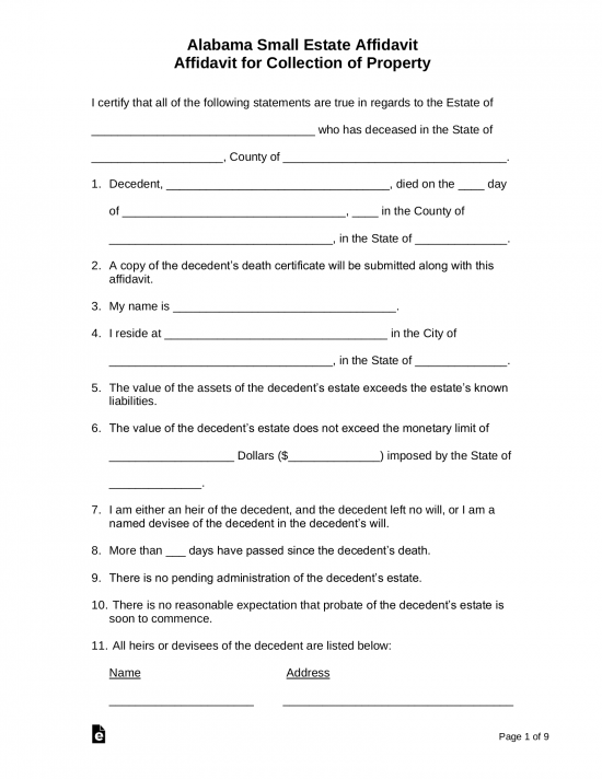 Free Alabama Small Estate Affidavit Form Word PDF EForms