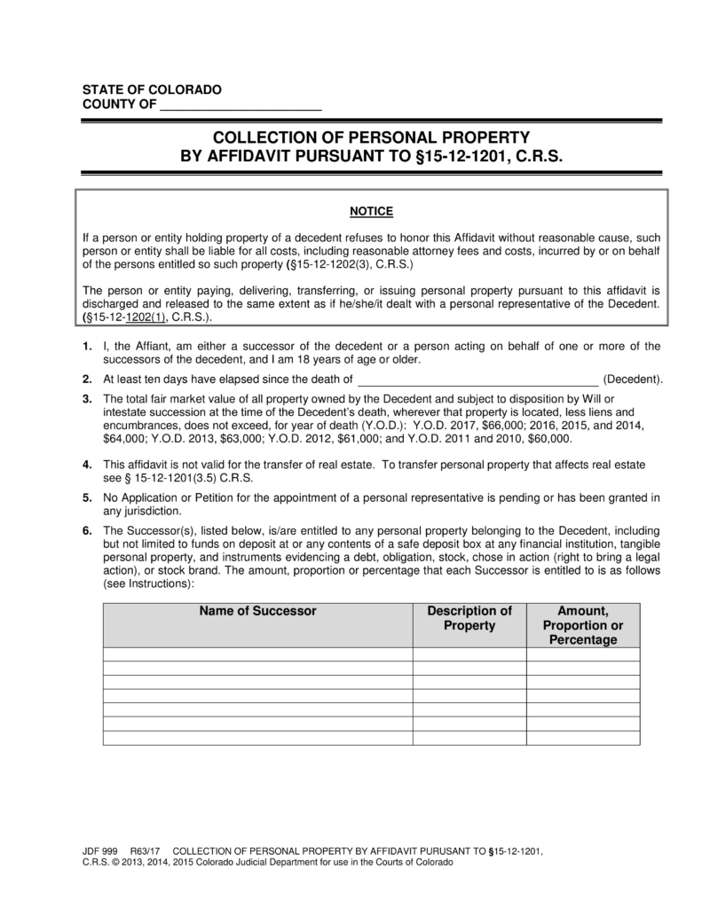 Free Colorado Small Estate Affidavit Form JDF 999 PDF EForms
