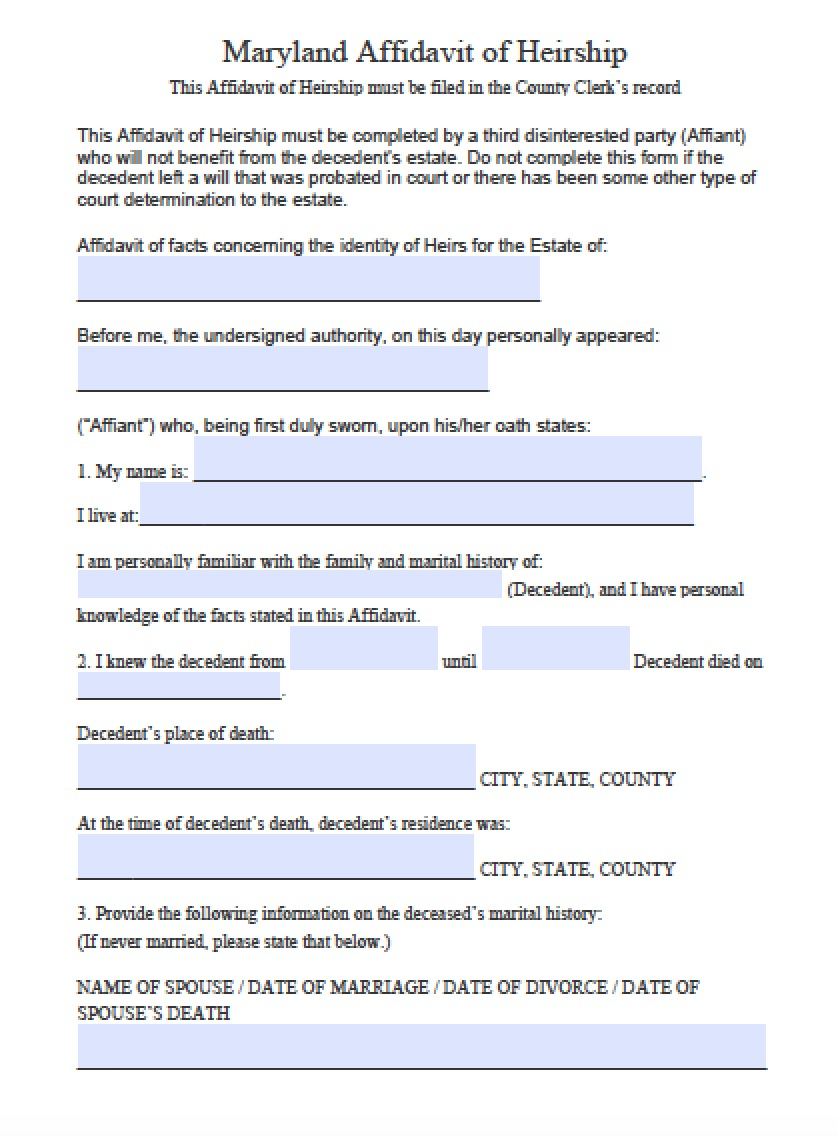 Free Maryland Affidavit Of Heirship Form PDF Word