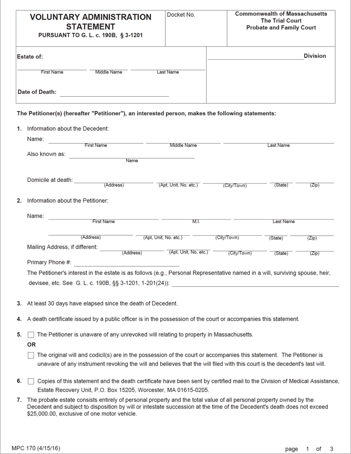 Free Massachusetts Small Estate Affidavit Form MPC 170 PDF WORD