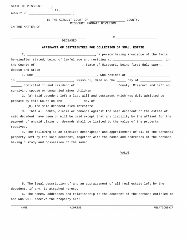 Free Missouri Small Estate Affidavit Affidavit Of Distributees For 